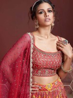 Red Chinon Silk Lehenga Choli